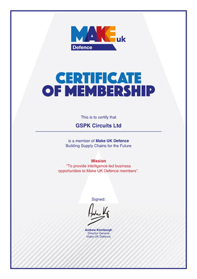 GSPK Circuits Ltd Certificate of Membership with Make UK Defense